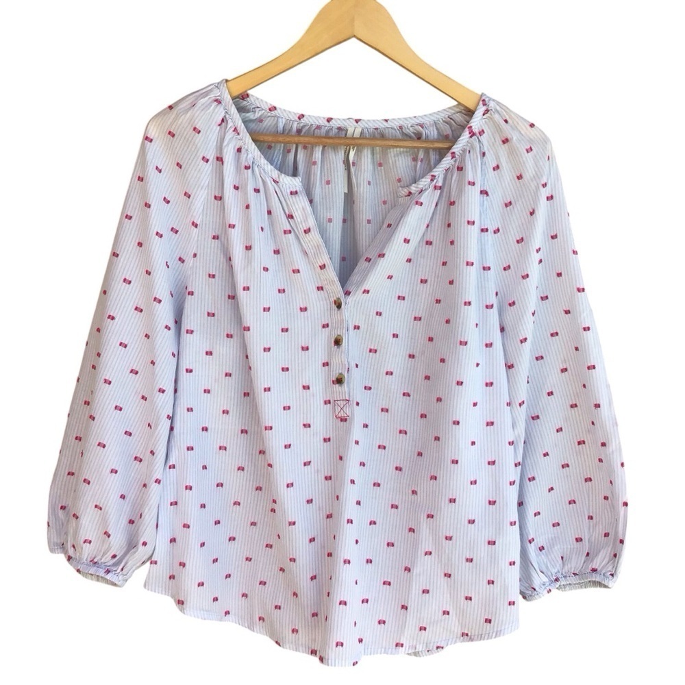 Anthropologie Boho Swiss Dot Blue White Striped Blouse Size S